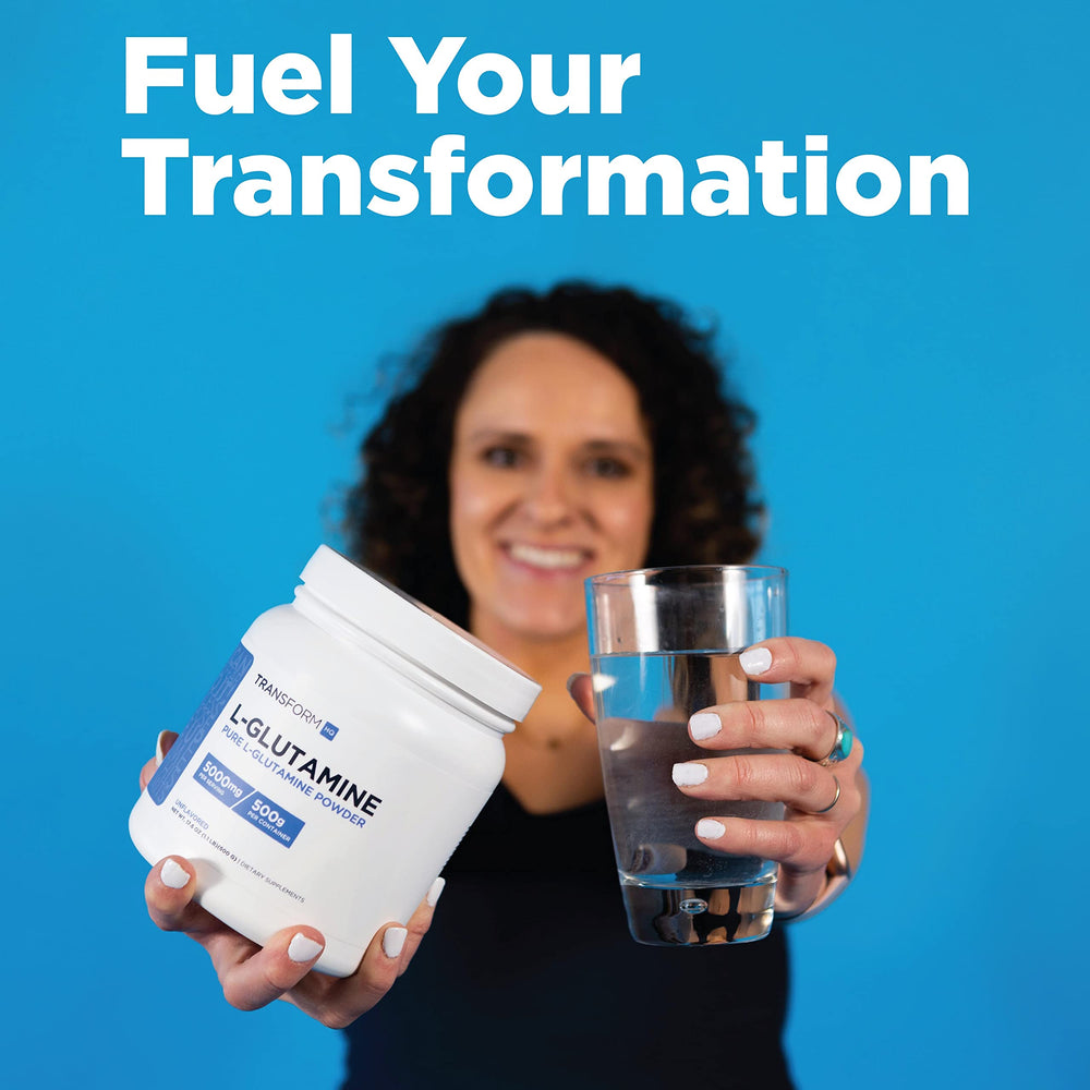 TransformHQ L-Glutamine powder dissolving in water for easy mixing.