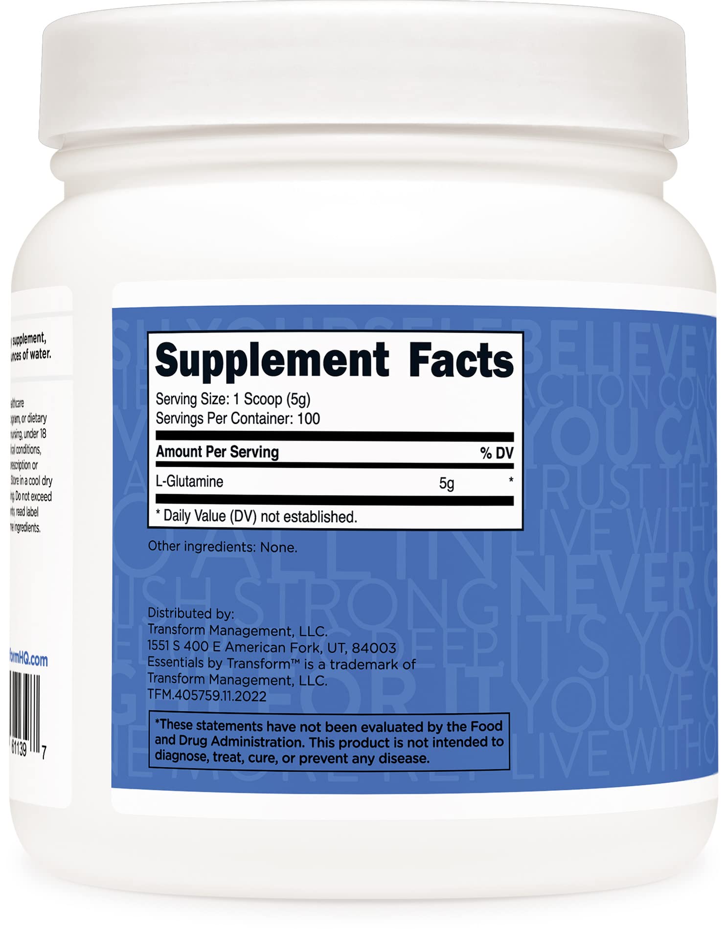 TransformHQ L-Glutamine gluten-free seal close-up indicating third-party tested quality.