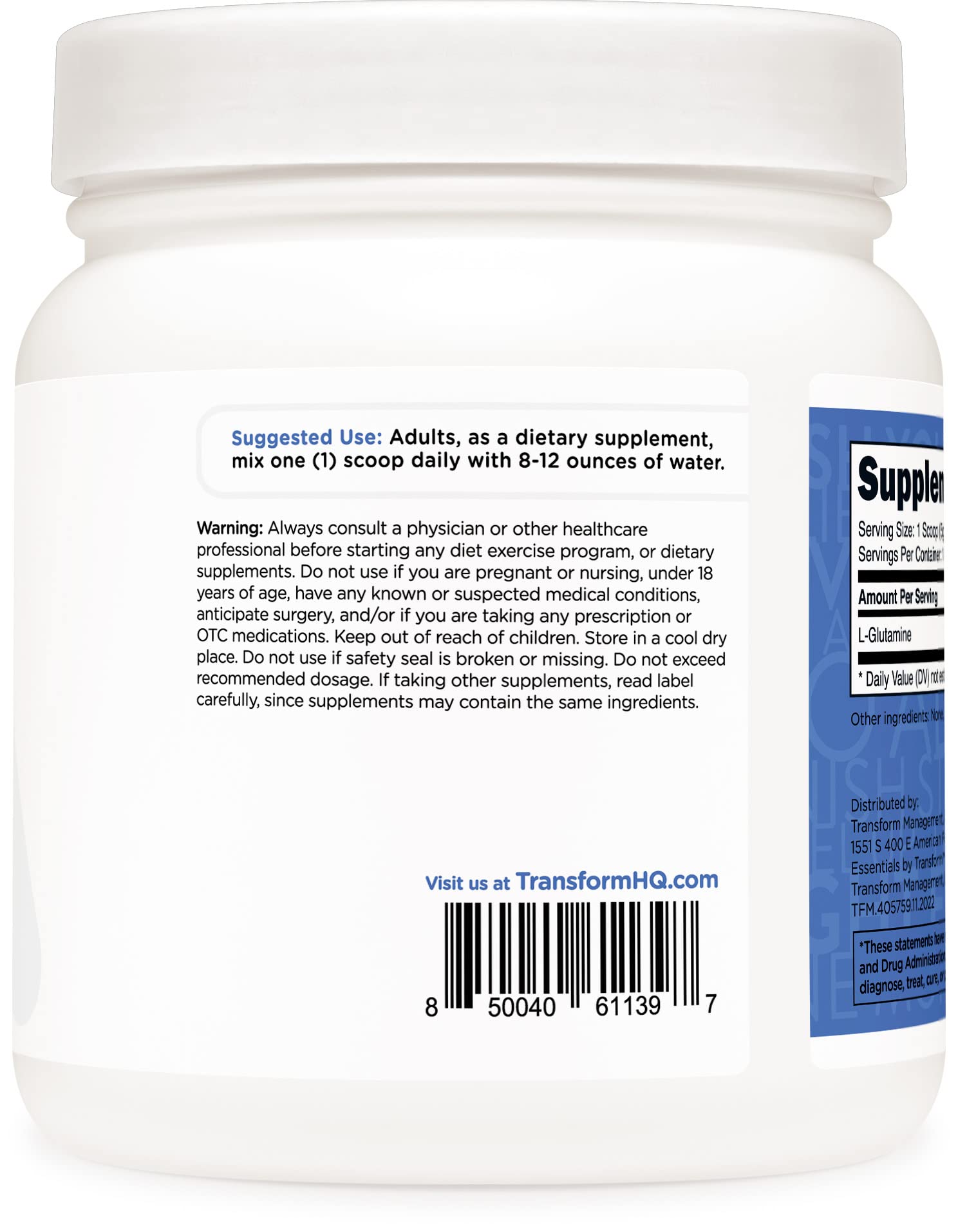 TransformHQ L-Glutamine packaging with gluten-free seal for clean ingredients.