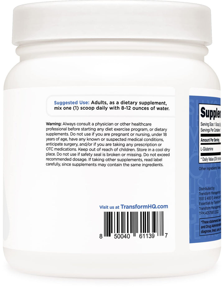 TransformHQ L-Glutamine packaging with gluten-free seal for clean ingredients.