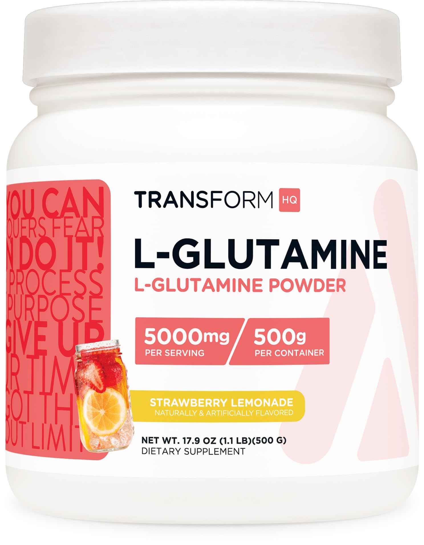 TransformHQ L-Glutamine Powder Strawberry Lemonade jar on a kitchen counter supports daily wellness