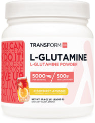 TransformHQ L-Glutamine Powder Strawberry Lemonade jar on a kitchen counter supports daily wellness