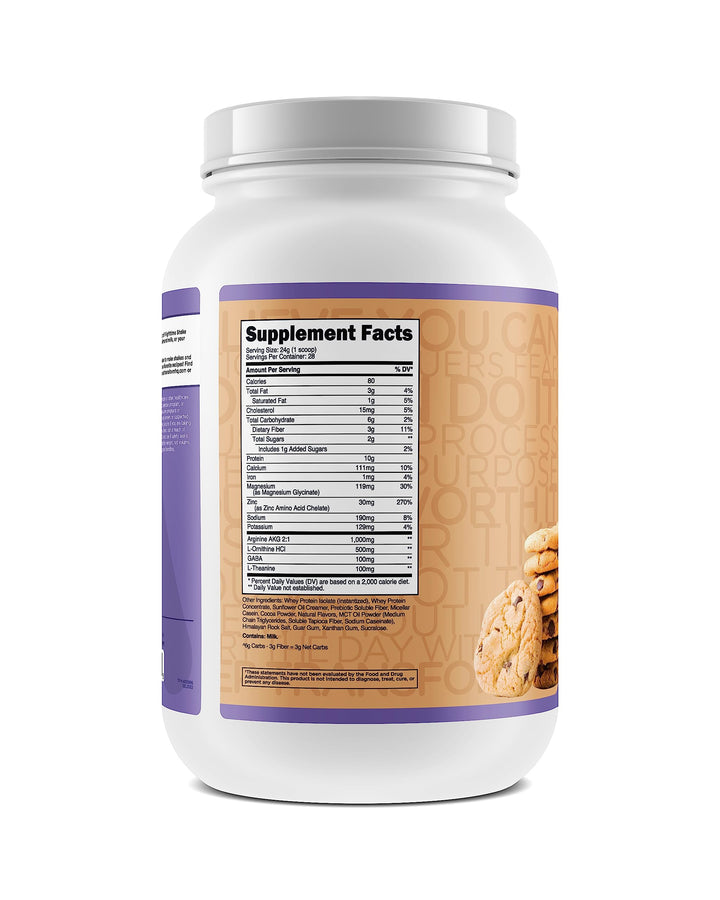 TransformHQ Nighttime Shake glass tasting, creamy chocolate chip cookie flavor for a bedtime treat.