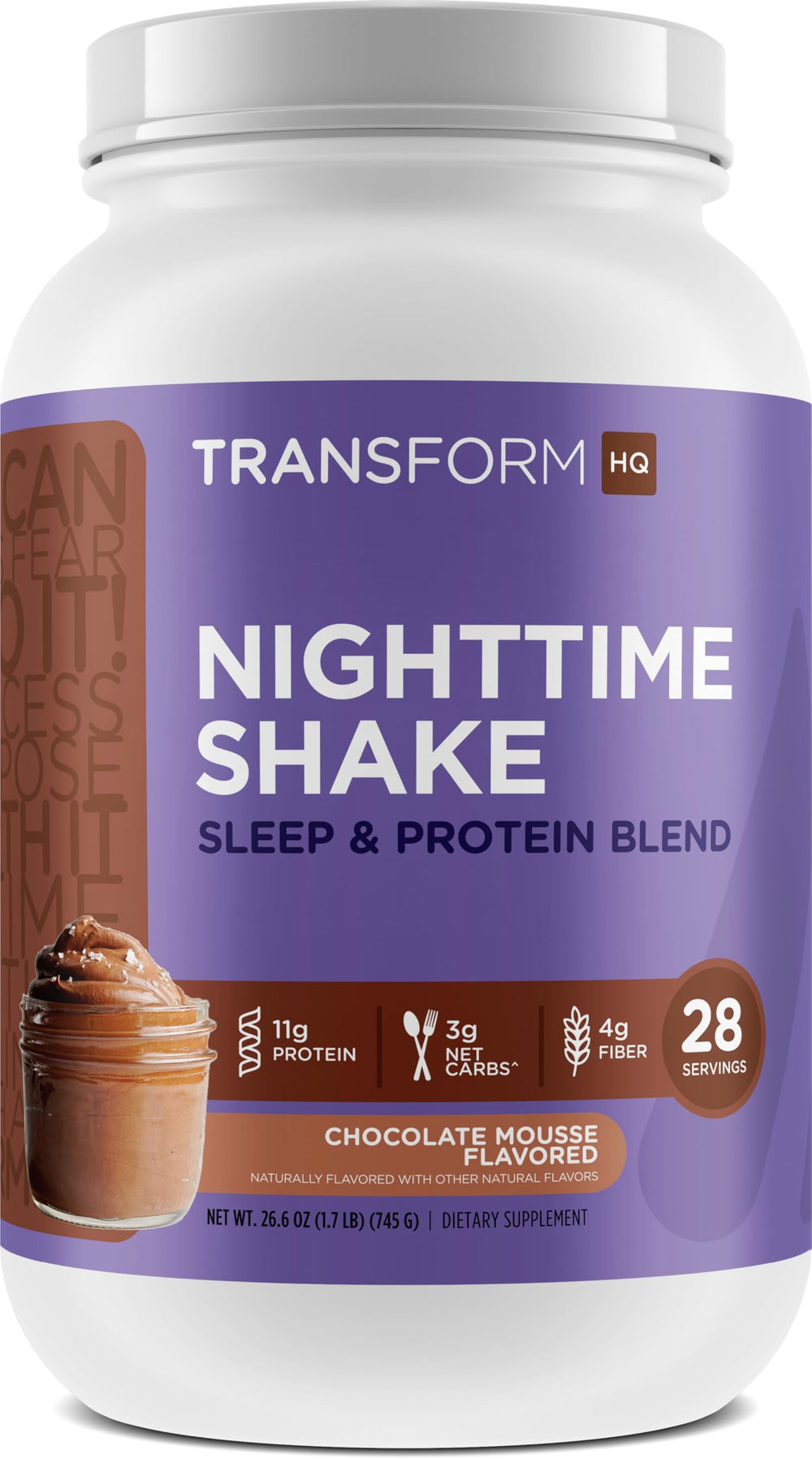 TransformHQ Nighttime Shake bottle showcasing Chocolate Mousse flavor for evening nutrition.