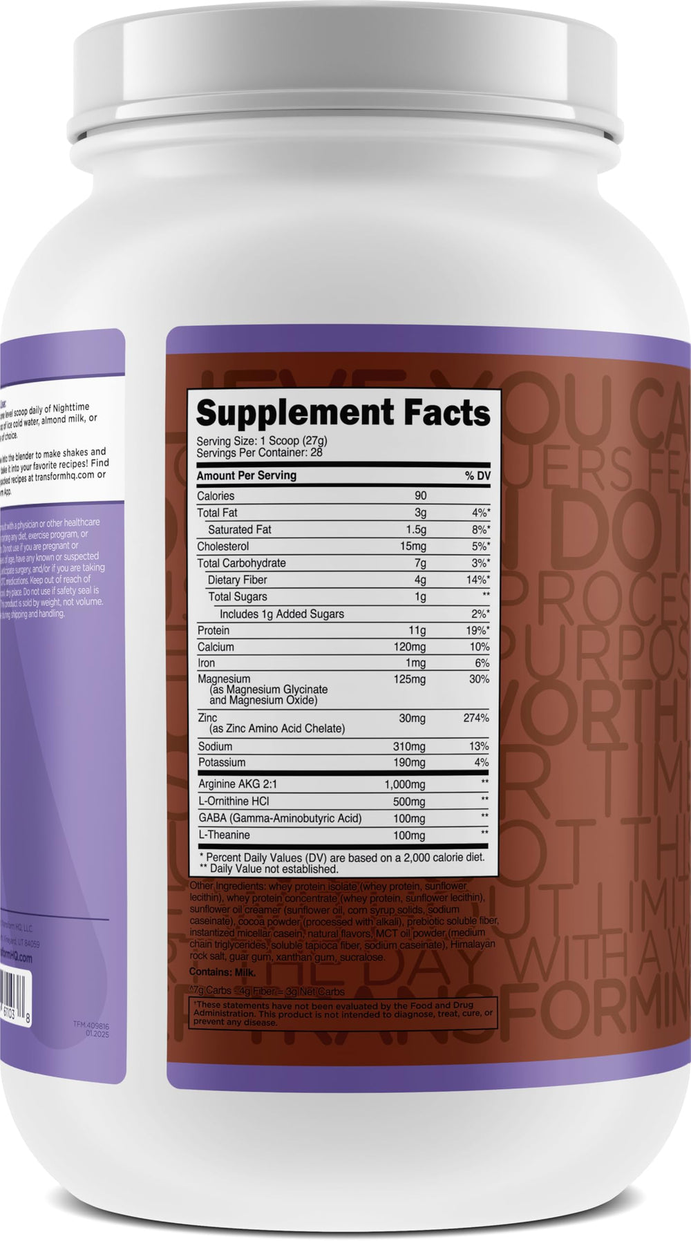 TransformHQ Nighttime Shake ingredients graphic highlights protein blend and recovery nutrients.