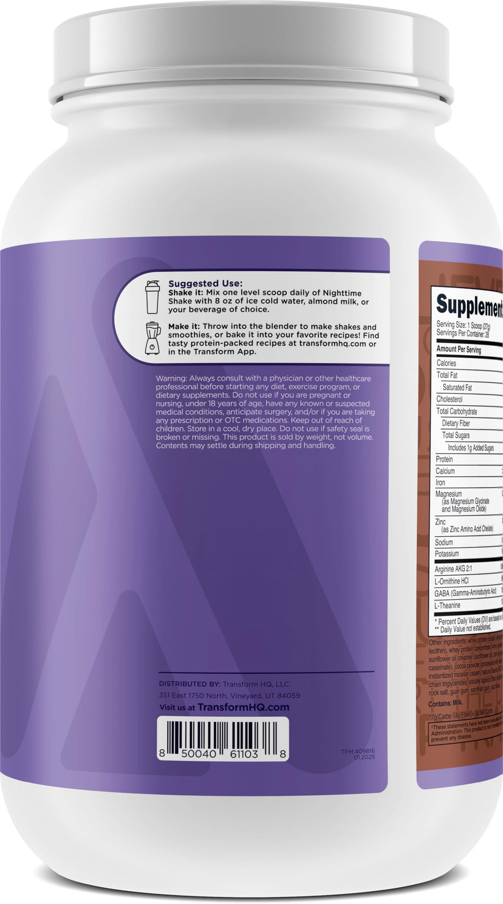 TransformHQ Nighttime Shake scoop highlights powder for easy, measured nightly portions.