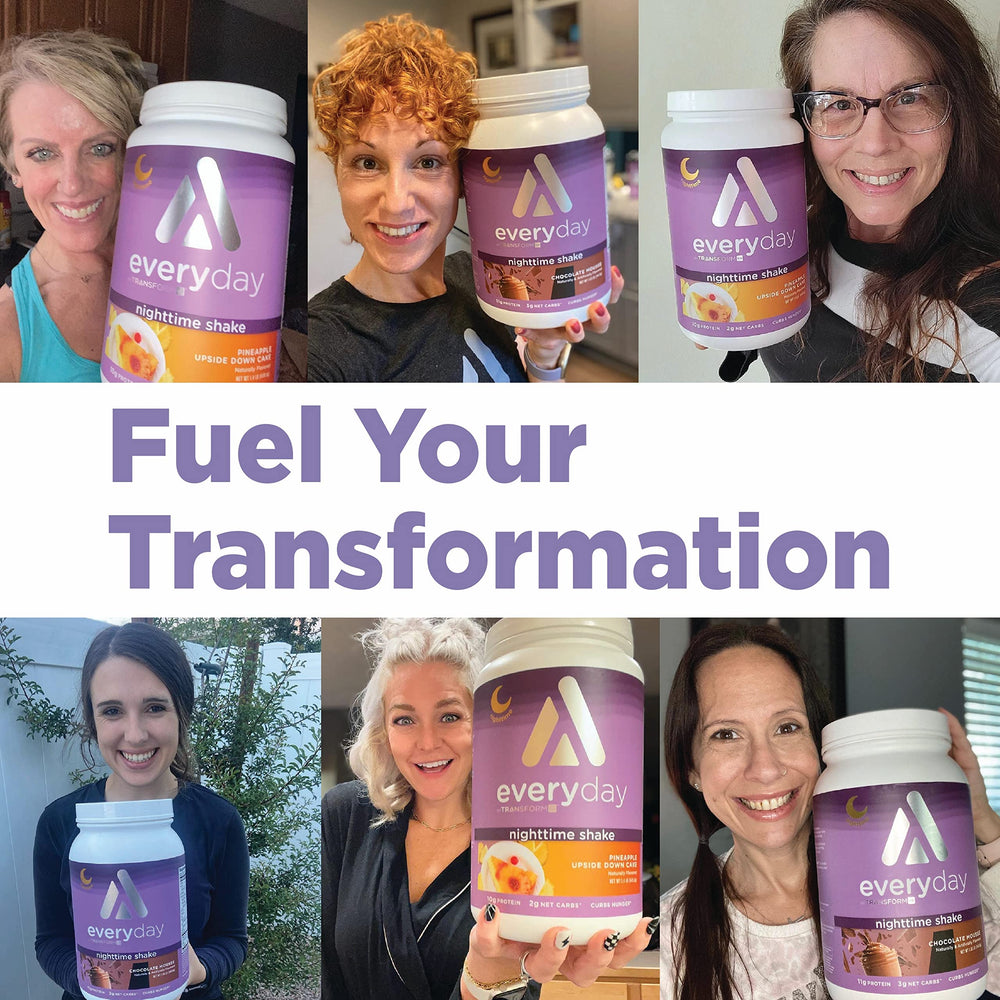 TransformHQ Nighttime Shake nutrition label closeup shows 10 g protein and 2 g net carbs