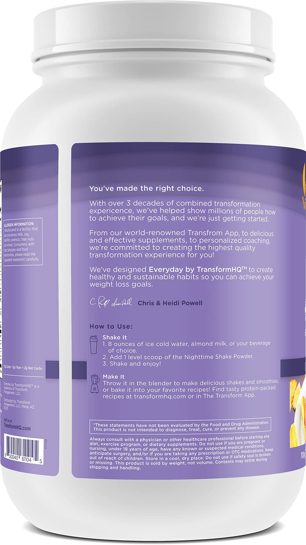 TransformHQ Nighttime Shake protein scoop closeup highlighting protein-rich formula