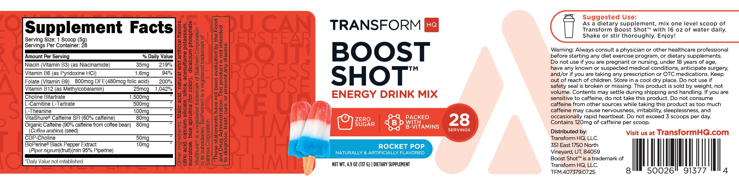 TransformHQ Rocket Pop label details highlight caffeine sources for smooth energy