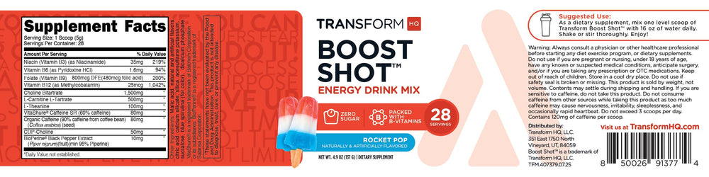 TransformHQ Rocket Pop label details highlight caffeine sources for smooth energy