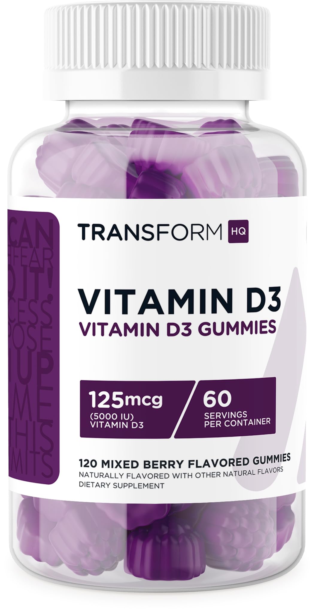 TransformHQ Vitamin D3 Gummies bottle showing 5000 IU per serving for daily wellness