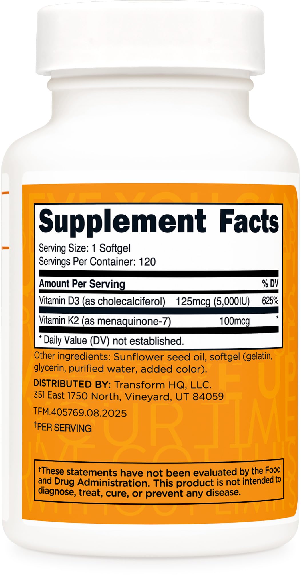 TransformHQ Vitamin K2 D3 daily-dose packaging suggests an easy one-per-day routine.