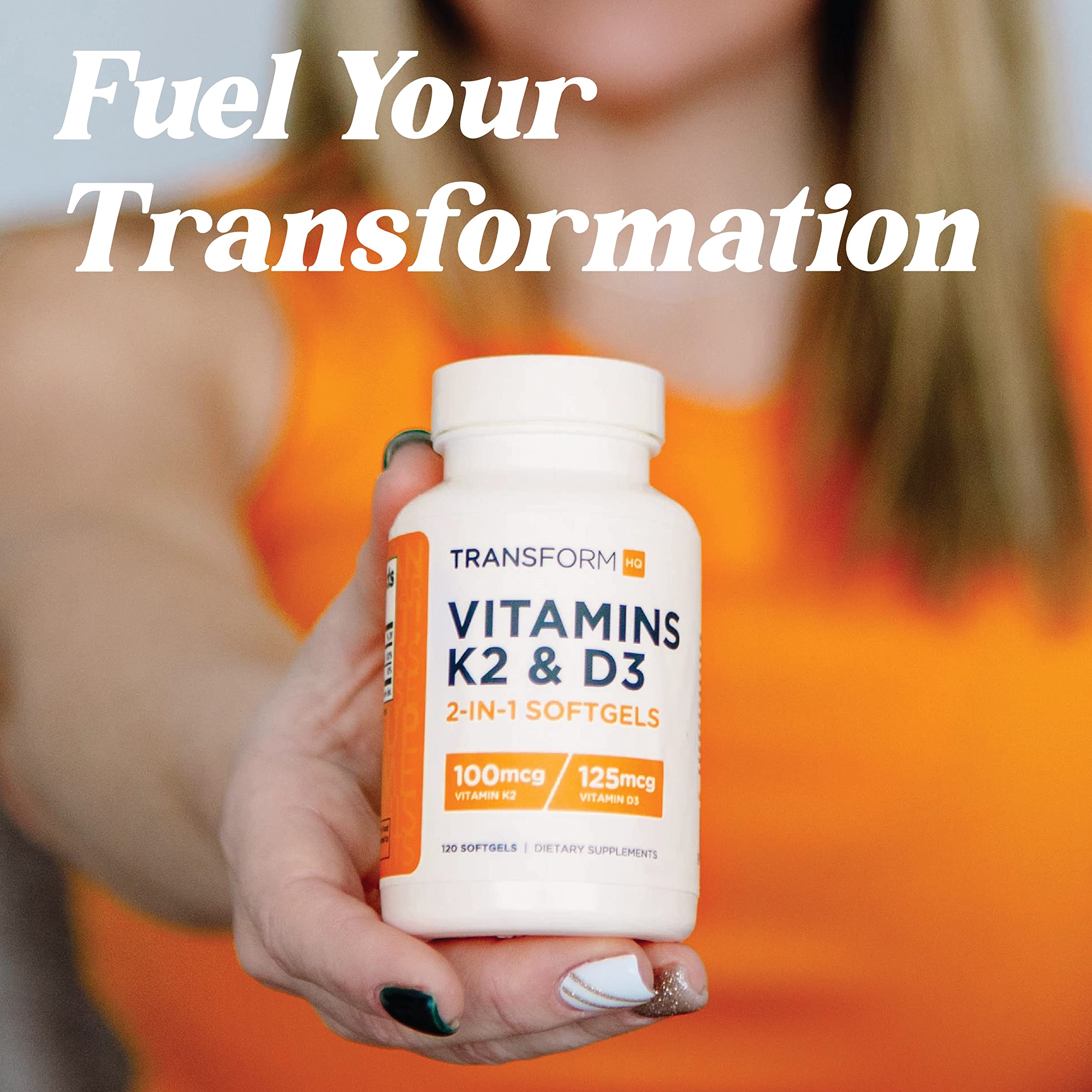 TransformHQ Vitamin K2 D3 gluten-free bottle on shelf communicates a clean label.