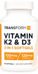 TransformHQ Vitamin K2 MK7 and D3 bottle with 120 softgels for a daily supplement routine.