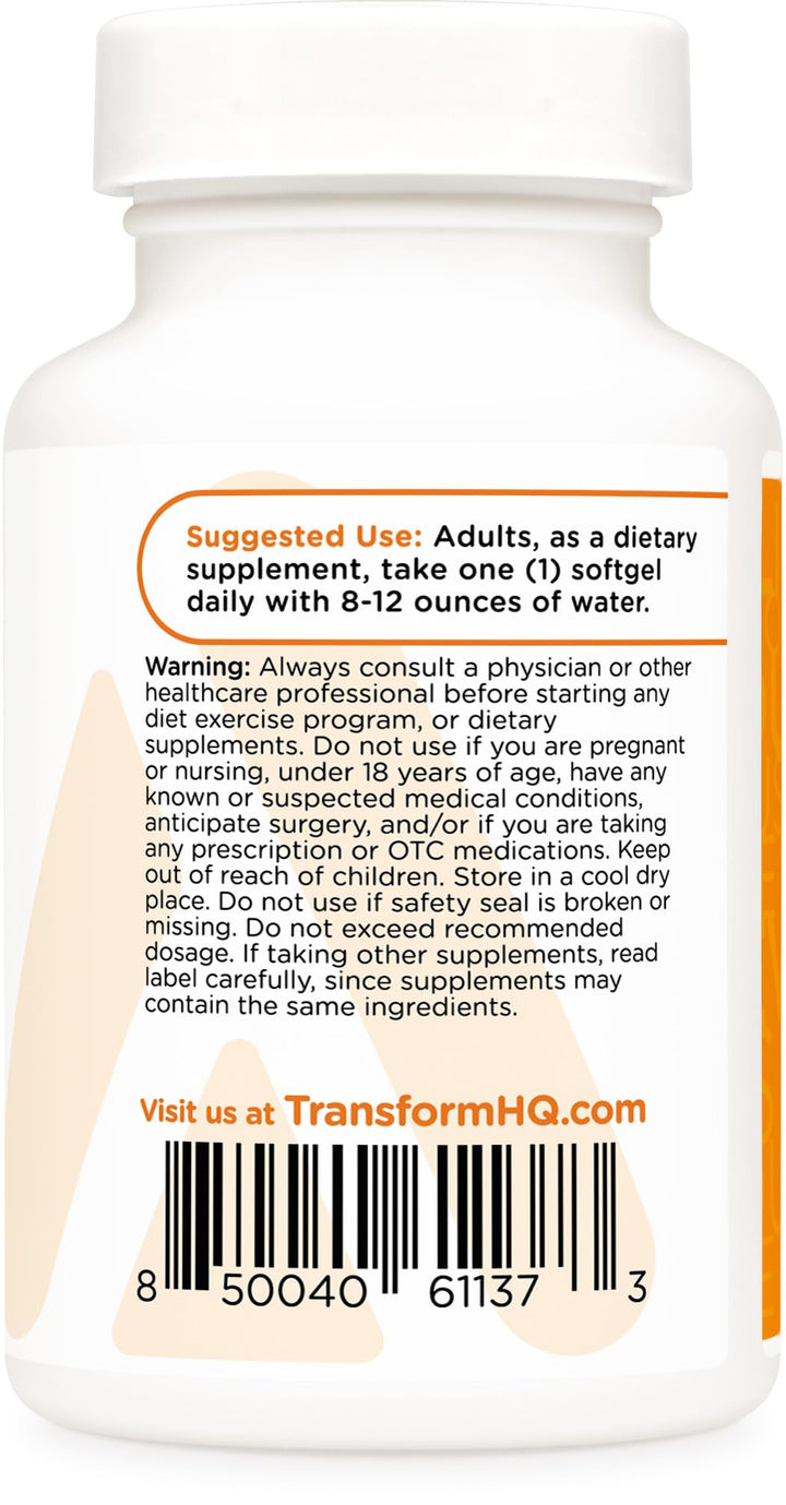 TransformHQ Vitamin K2 MK7 and D3 label information highlights non-GMO and gluten-free ingredients.