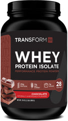 TransformHQ Whey Protein Isolate chocolate bottle highlights gluten-free, non-GMO protein for daily fueling.