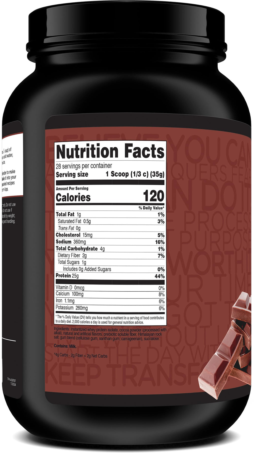 TransformHQ Whey Protein Isolate nutrition label closeup confirms servings per bottle and calories.