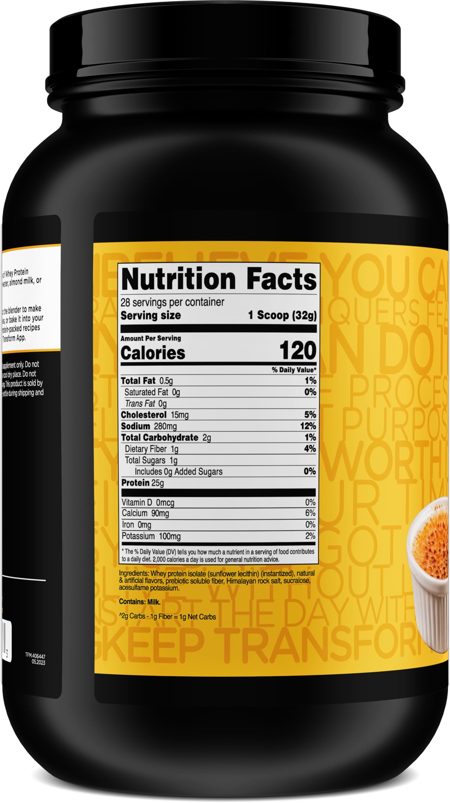 TransformHQ Whey Protein Isolate Vanilla Creme Brulee label with 28 servings per container