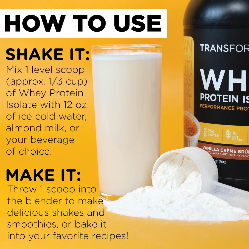 TransformHQ Whey Protein Isolate Vanilla Creme Brulee mixing cup in use