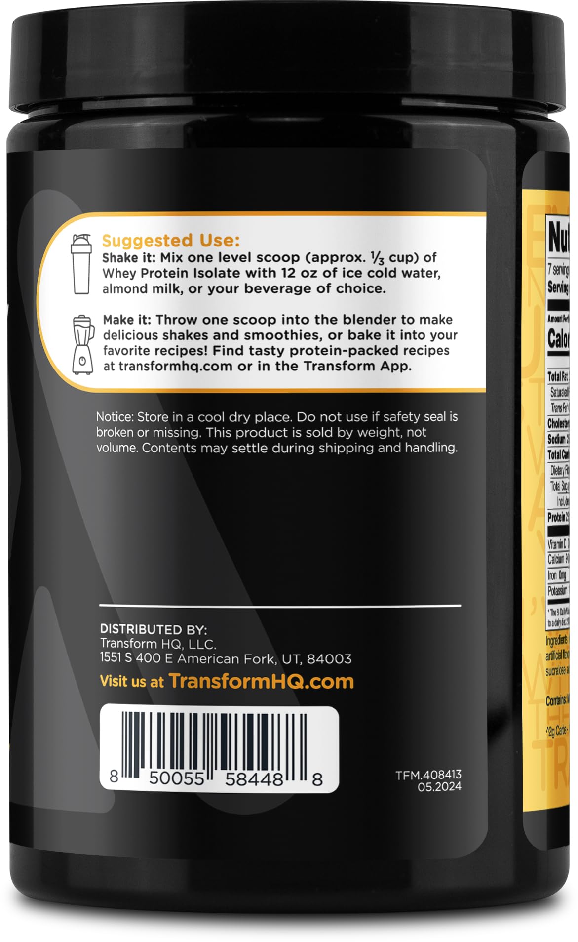 TransformHQ Whey Protein Isolate Vanilla Creme Brulee shaker filled with a quick protein drink.