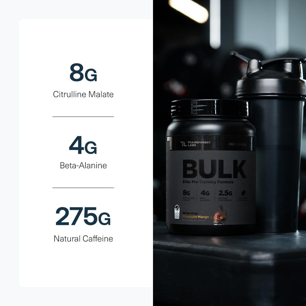 Ingredient panel showing Citrulline Malate and caffeine content for clean energy.