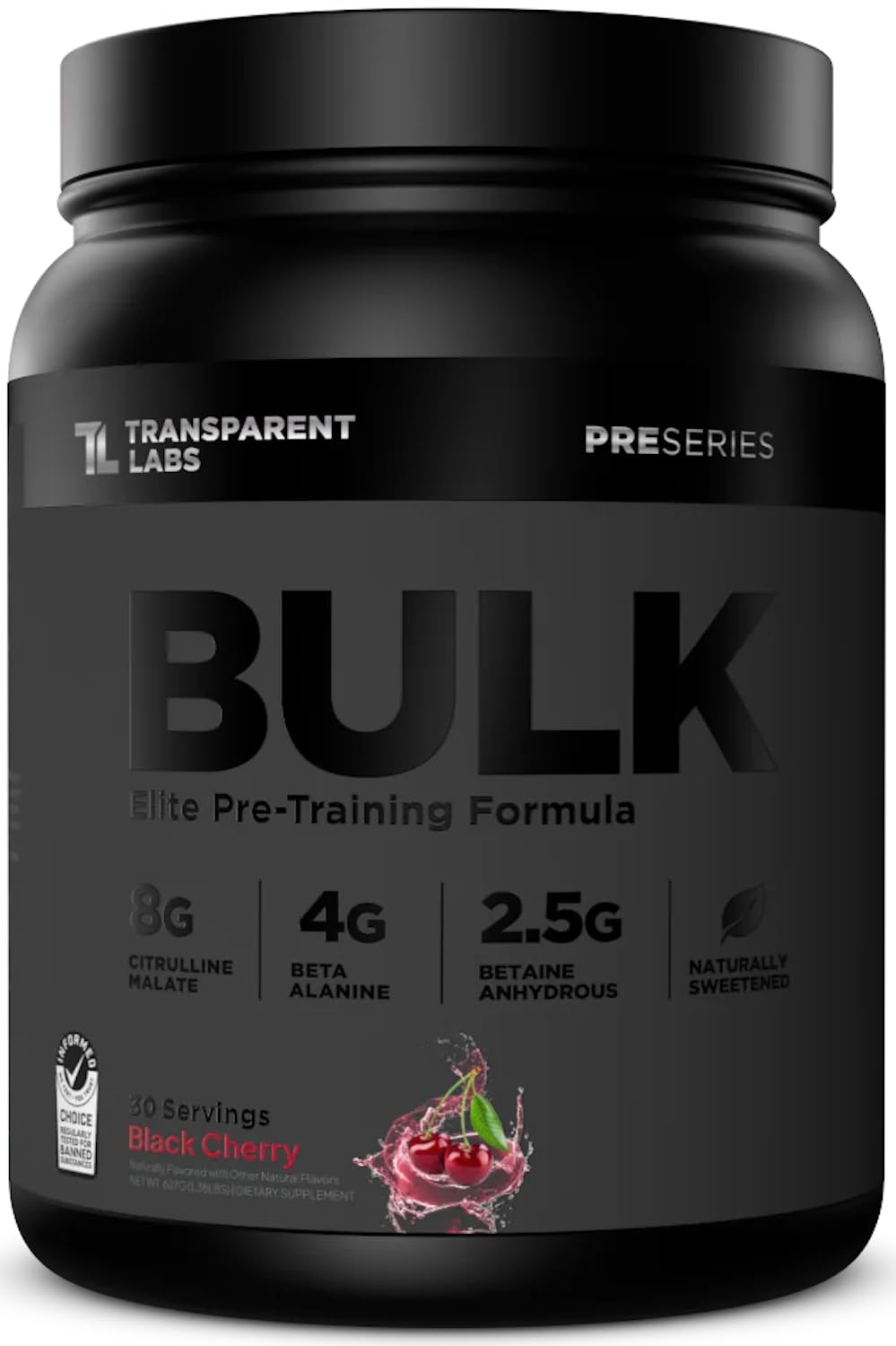 Transparent Labs Bulk Black pre-workout bottle showing energy-boosting formula.