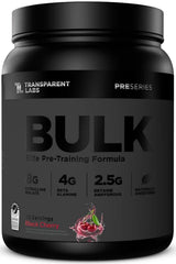 Transparent Labs Bulk Black pre-workout bottle showing energy-boosting formula.