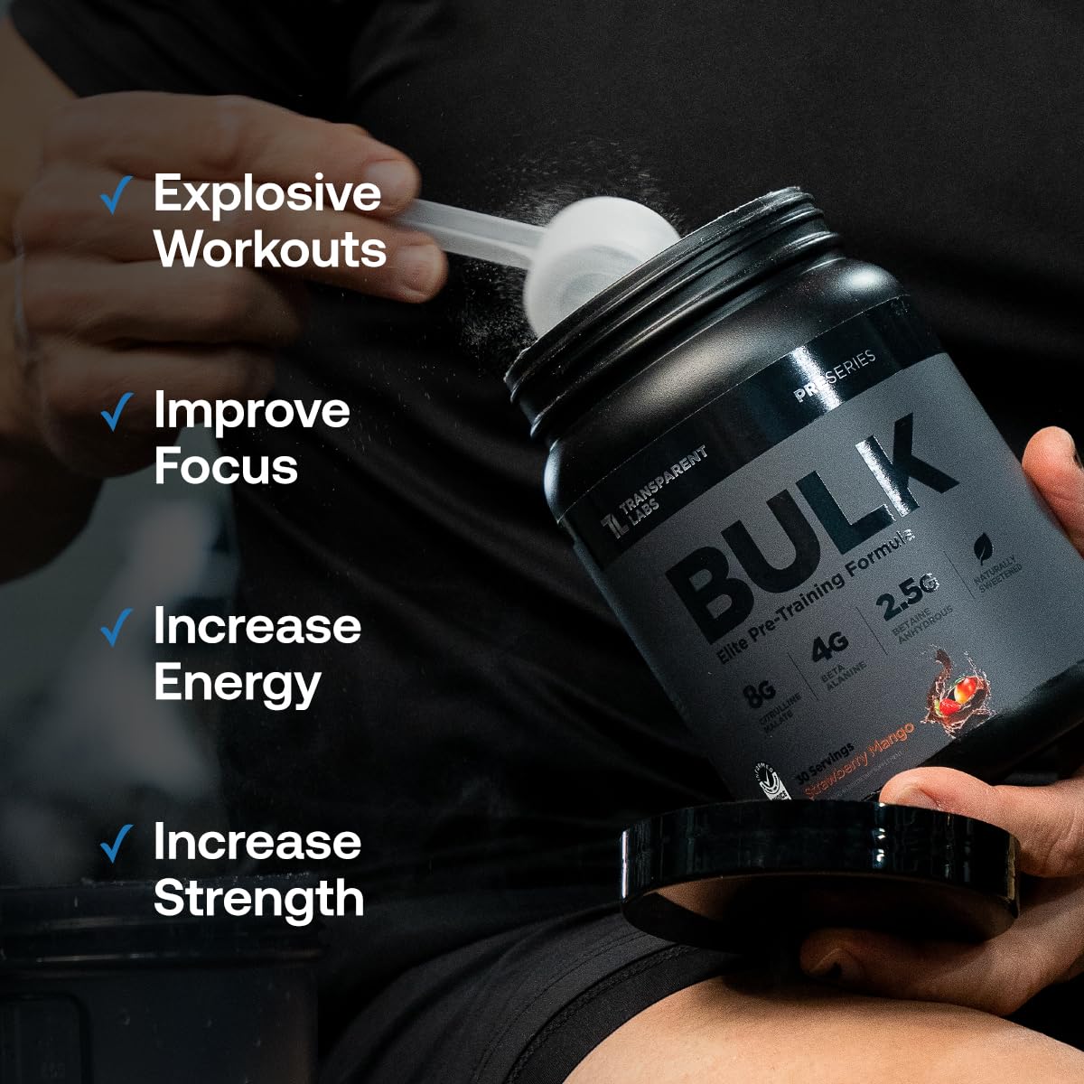 Prepared Bulk Black drink in a glass before training, ready to sip.