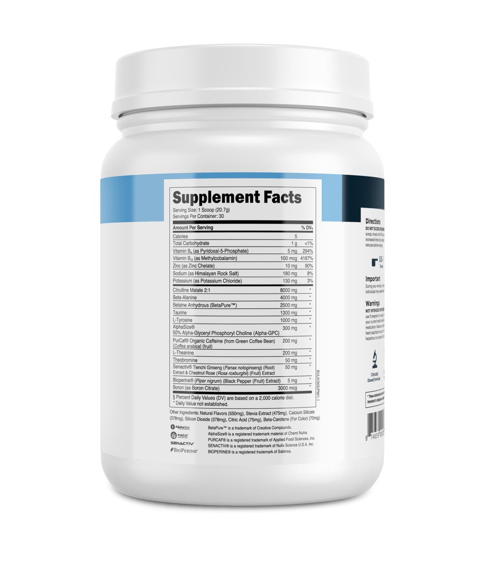 Box and tub of Transparent Labs Bulk Pre-Workout in gym setting.