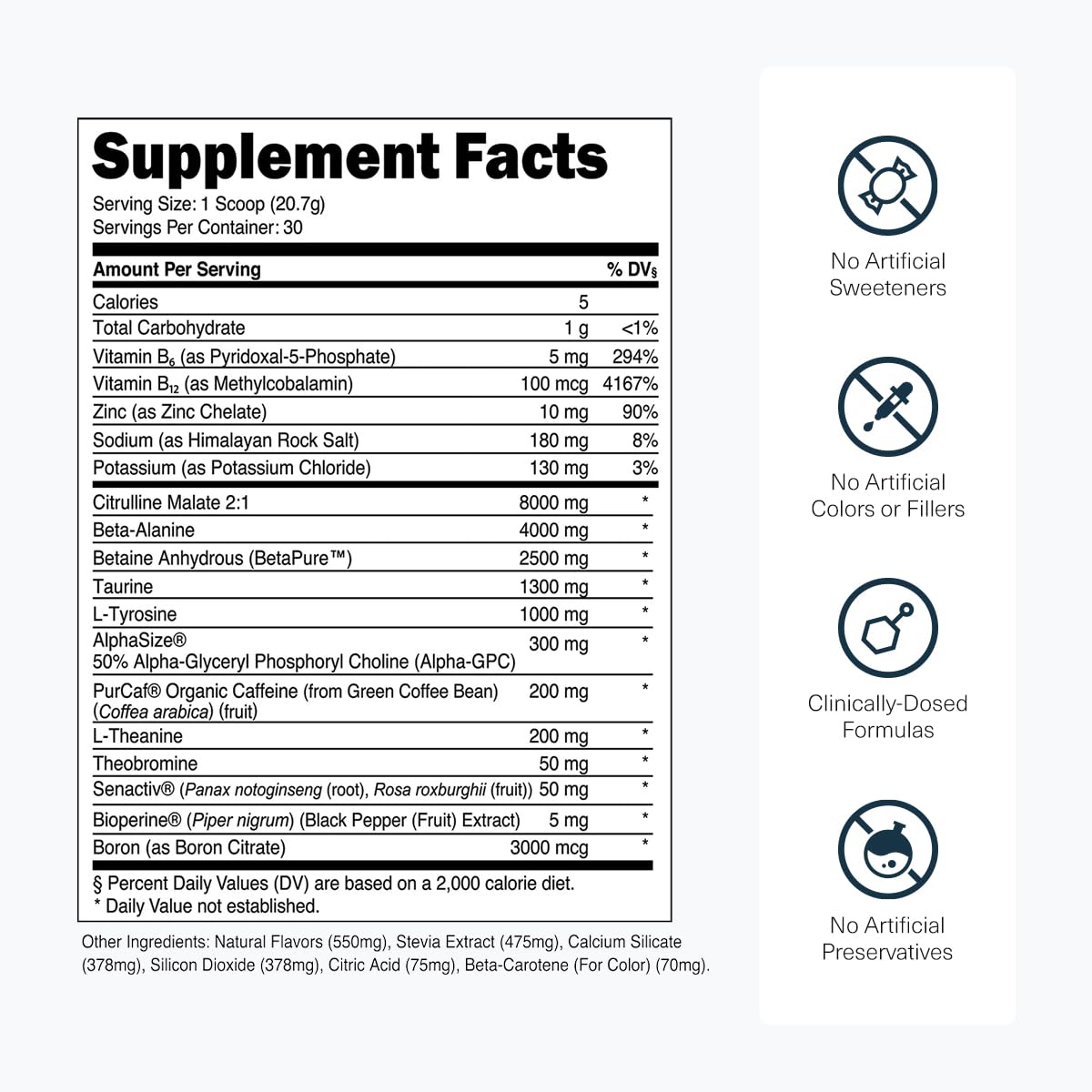 Close-up of transparent formula label for Transparent Labs Bulk Pre-Workout.