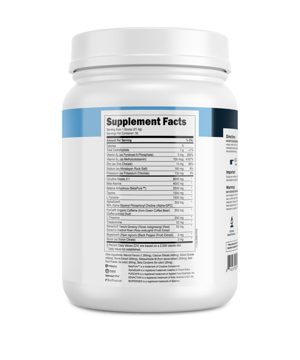 Transparent Labs Bulk Pre-Workout Tropical Punch bottle with glass ready to pour