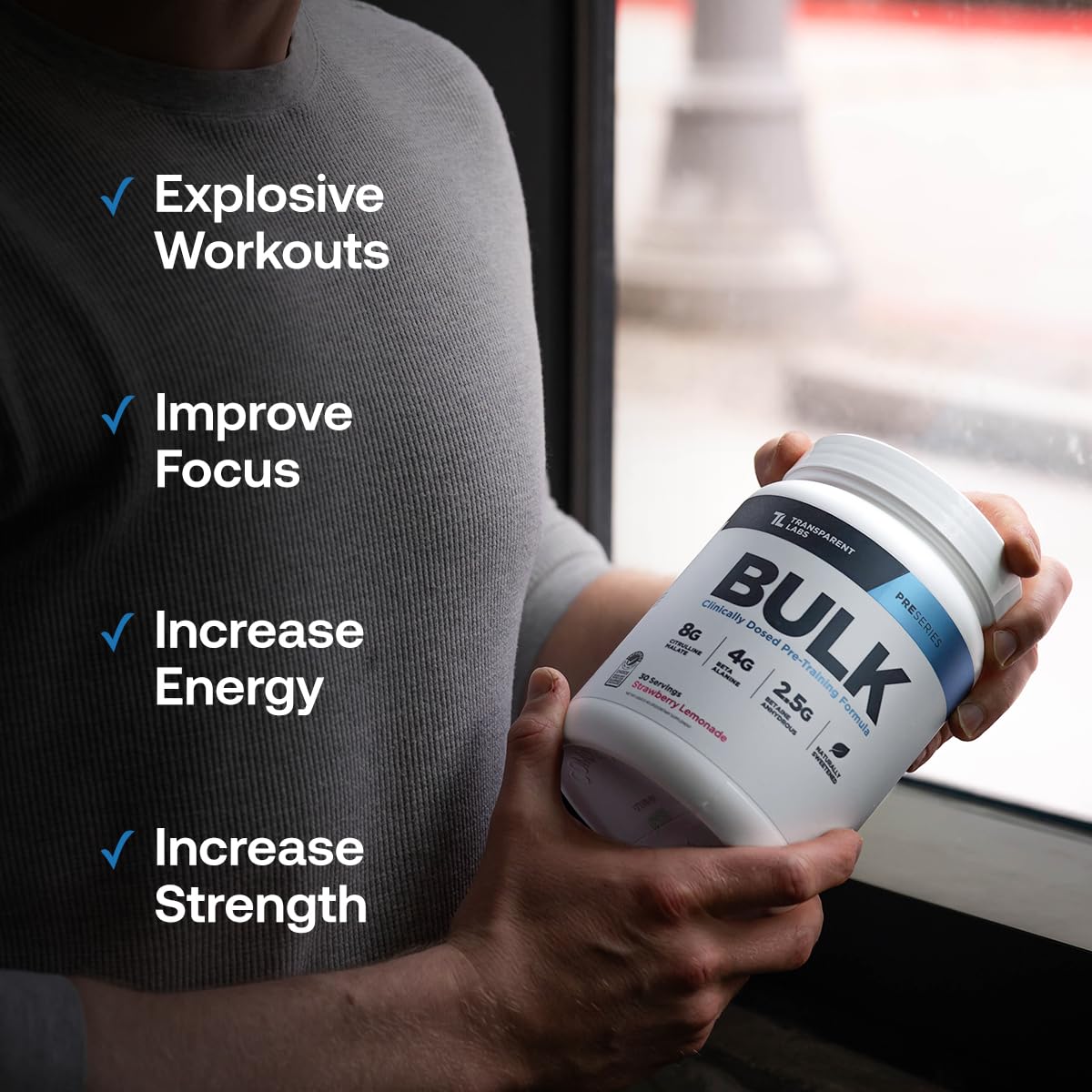Transparent Labs Bulk Pre-Workout Tropical Punch servings diagram shows 30 servings