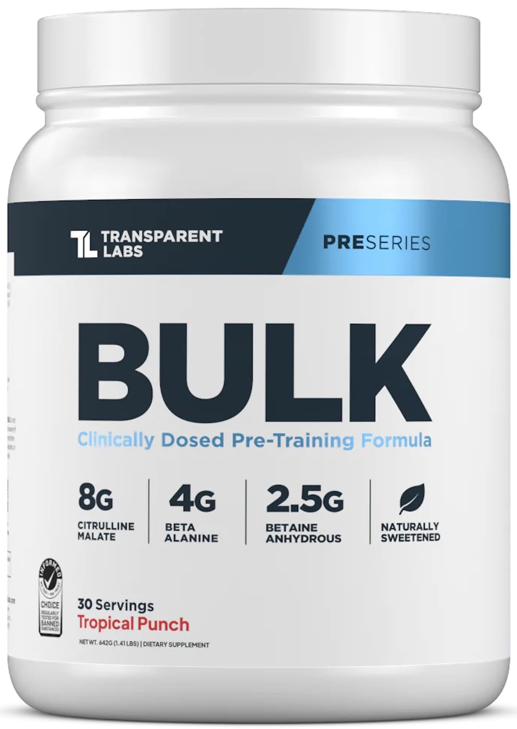Transparent Labs Bulk Pre-Workout Tropical Punch tub front view highlighting clean energy for workouts