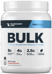 Transparent Labs Bulk Pre-Workout Tropical Punch tub front view highlighting clean energy for workouts