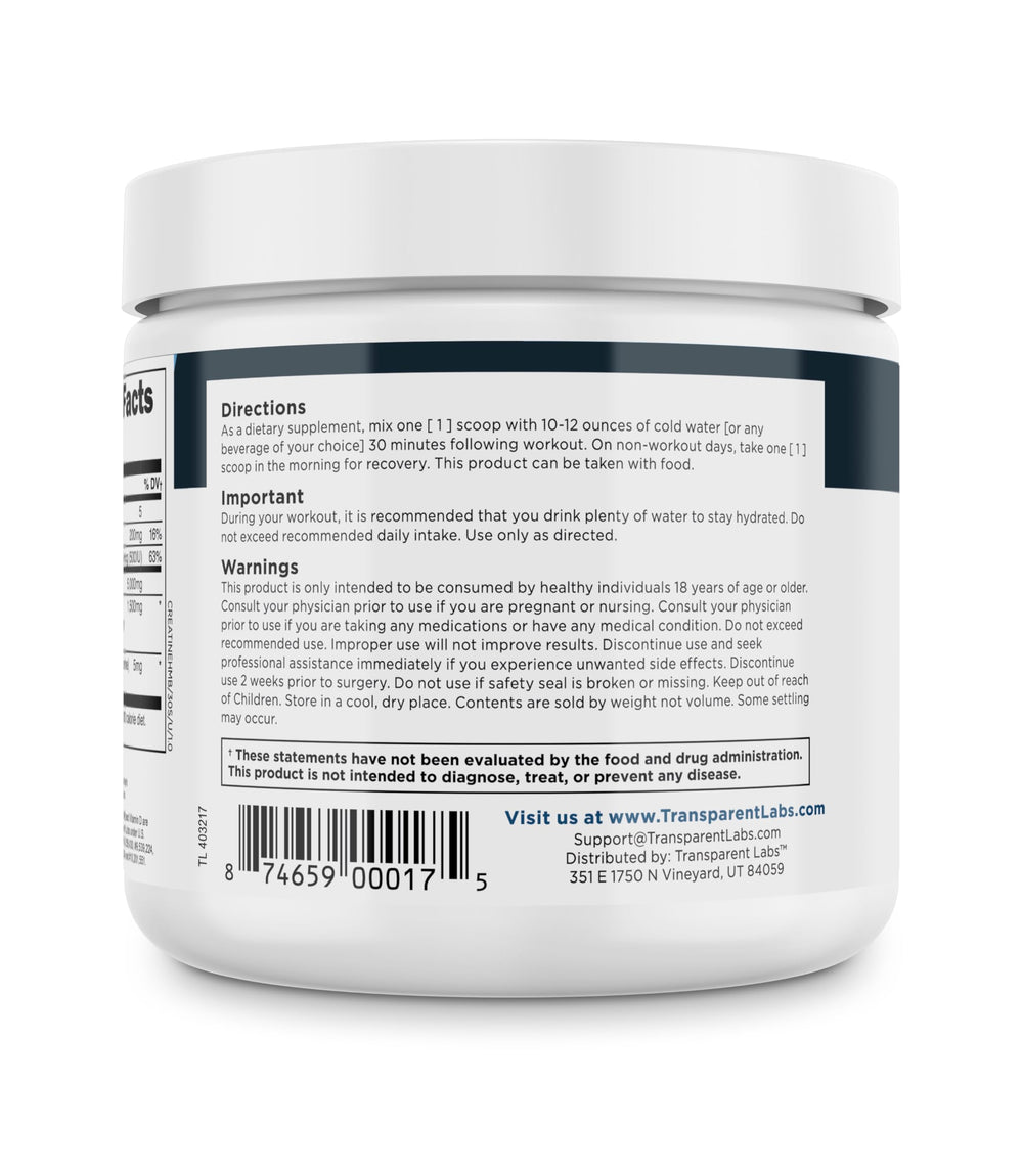Transparent Labs Creatine HMB third-party tested seal on product.