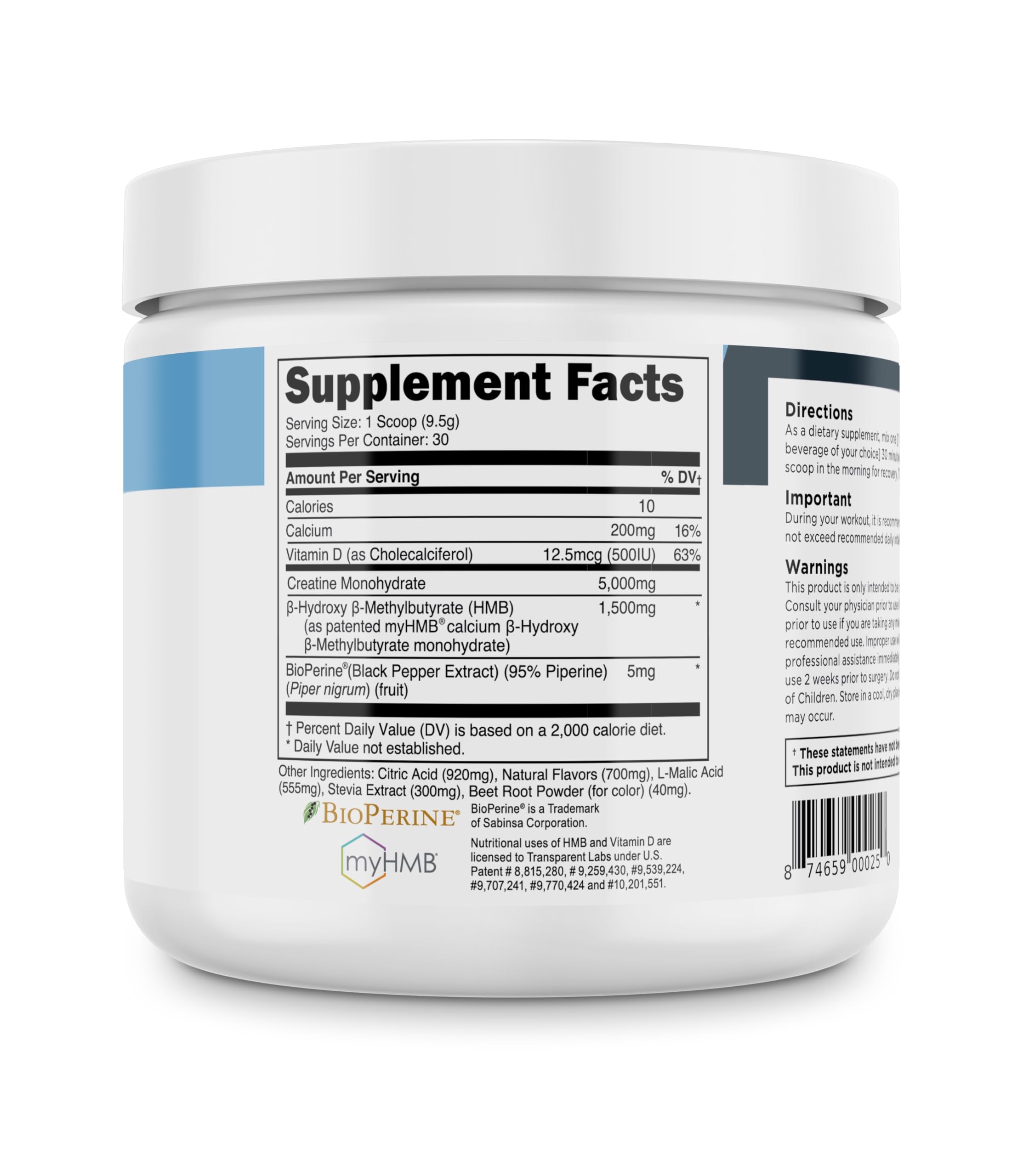 Transparent Labs Creatine HMB fine-powder texture conveys quality mixing results.