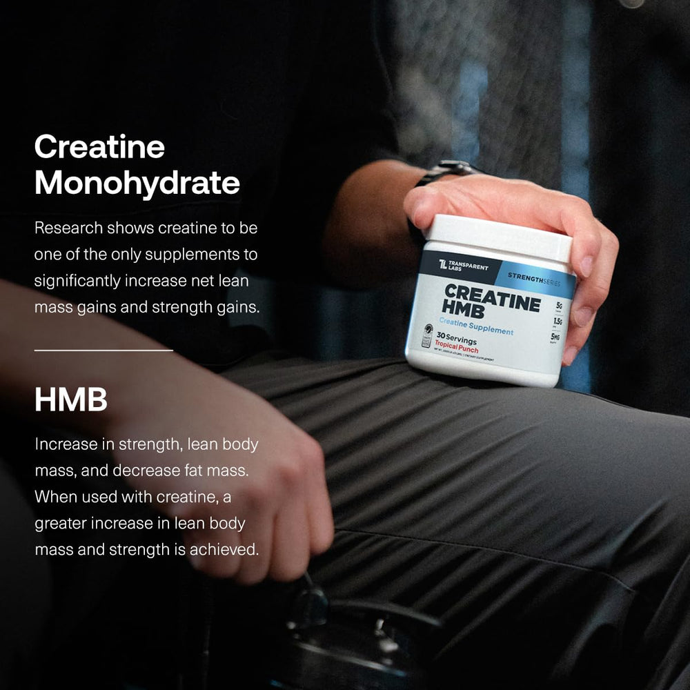Transparent Labs Creatine HMB scoop beside the bottle on a clean surface.