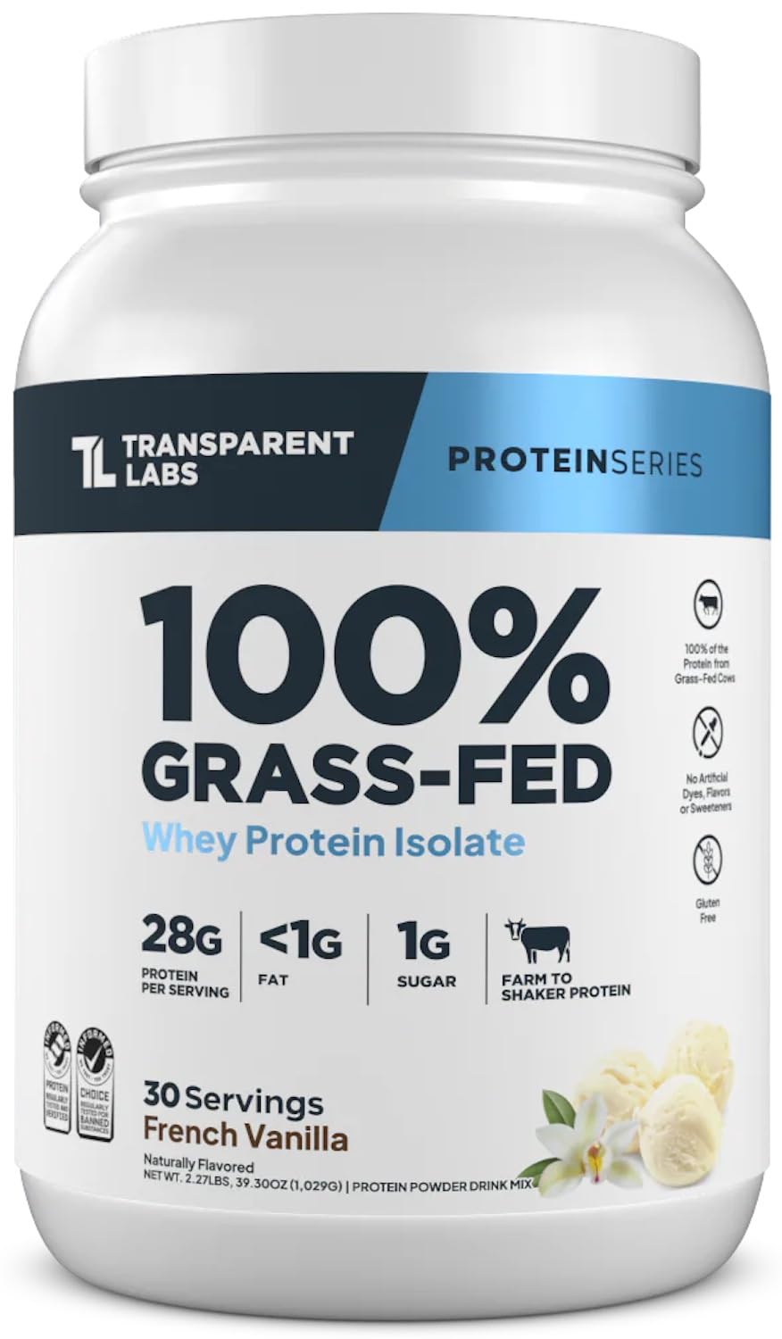 Transparent Labs Grass-Fed Whey Isolate vanilla powder tub for clean, high-protein fueling.