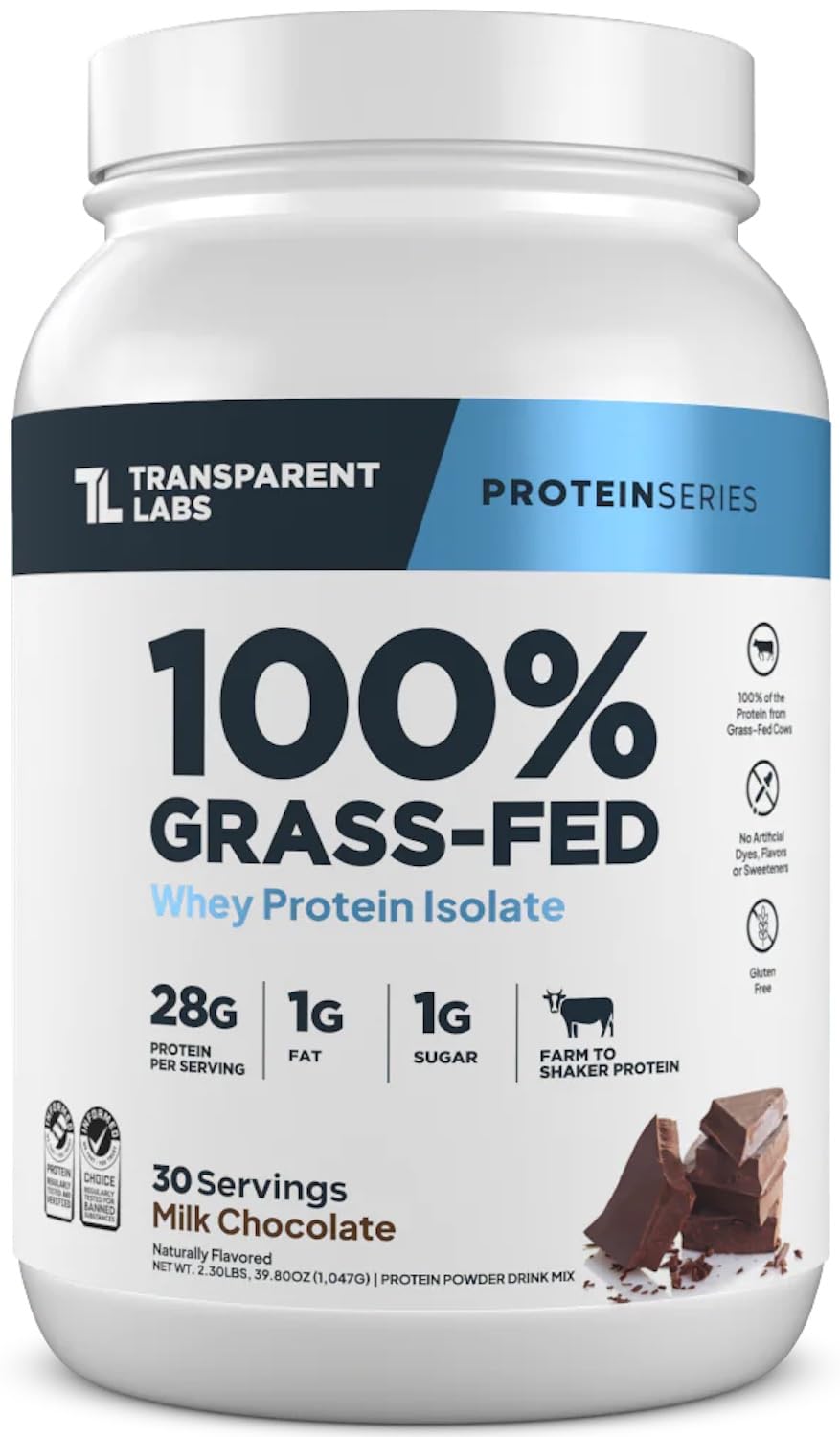 Transparent Labs grass-fed whey protein bottle in milk chocolate flavor for clean protein.