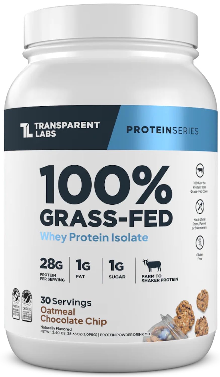 Transparent Labs Grass-Fed Whey Protein Isolate label front highlights clean ingredients for health-minded athletes.