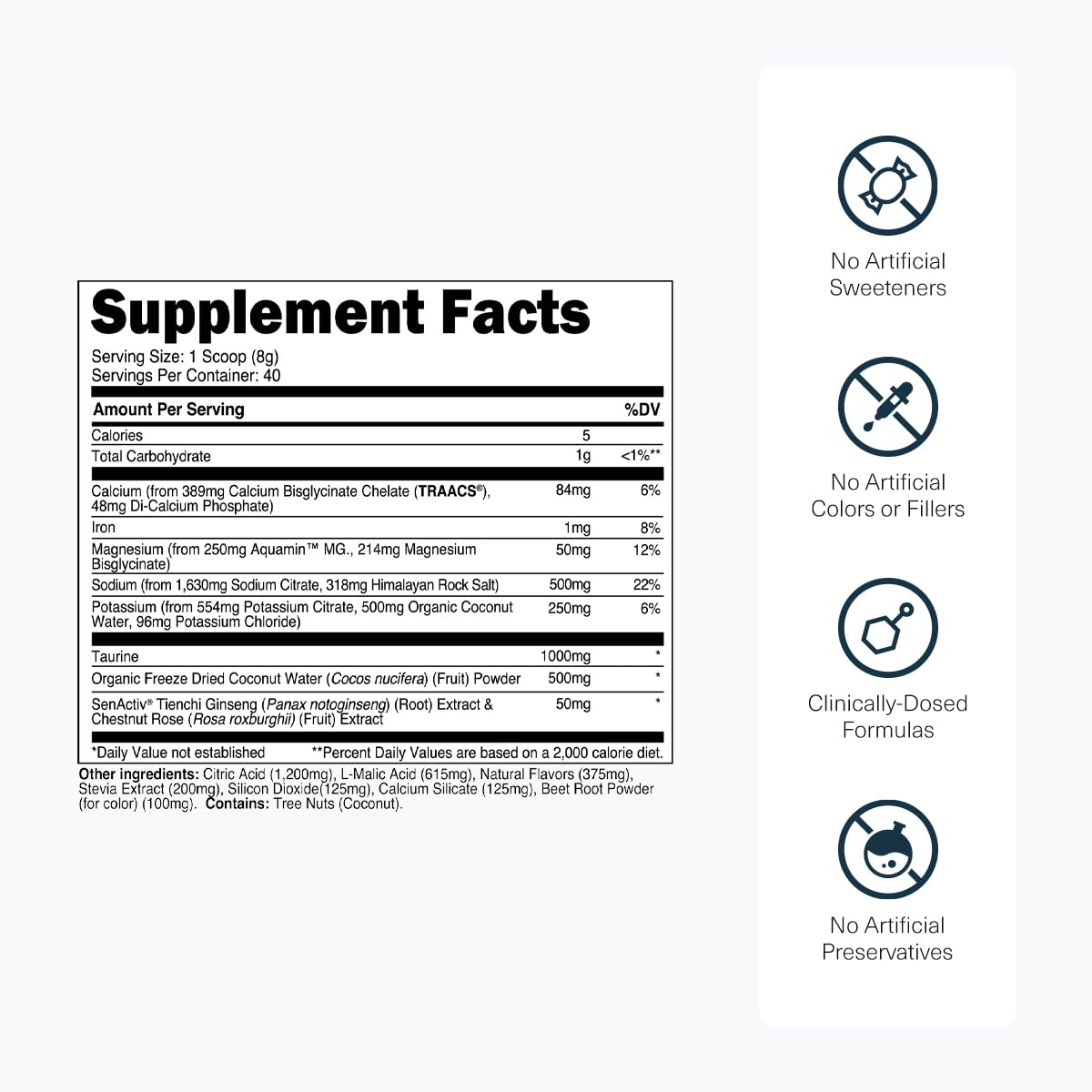 Transparent Labs Hydrate coconut water powder provides natural electrolytes for hydration.