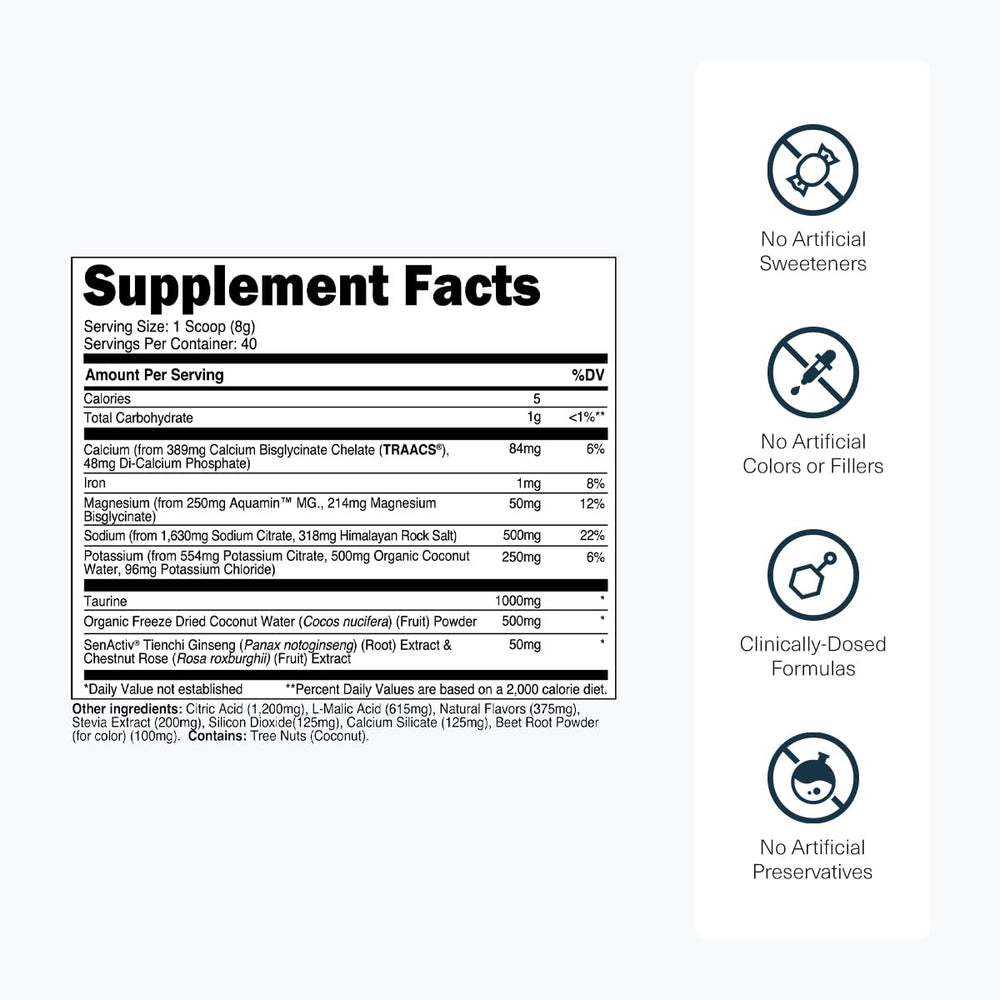 Transparent Labs Hydrate coconut water powder provides natural electrolytes for hydration.