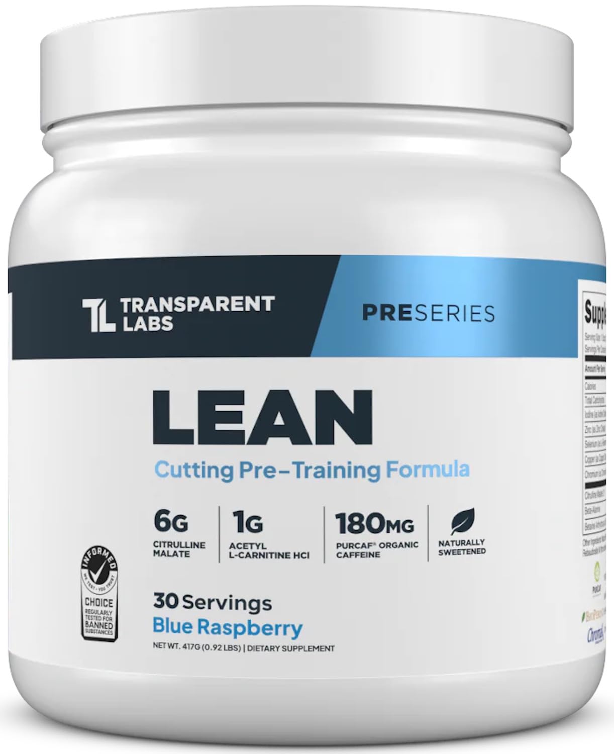 Transparent Labs Lean Pre-Workout bottle front view highlights blue raspberry flavor