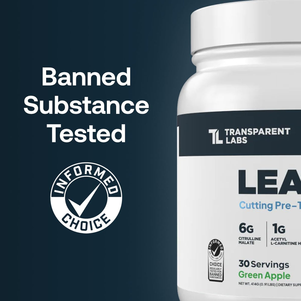 Transparent Labs Lean Pre-Workout tub label close-up shows clean formula