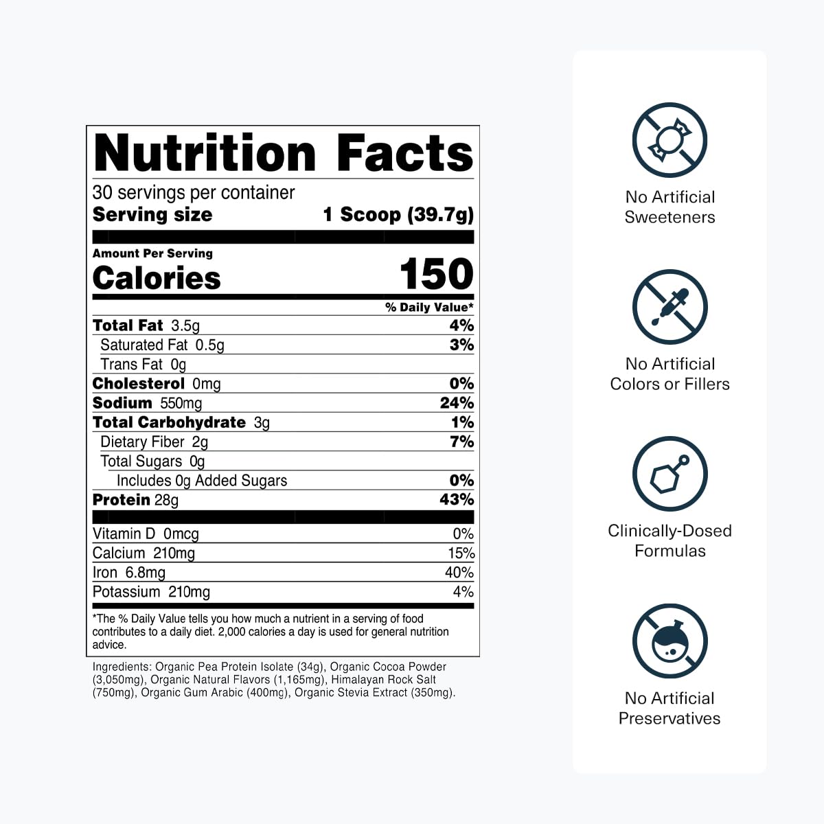 Transparent Labs organic pea protein label emphasizes clean, allergen-free formula.