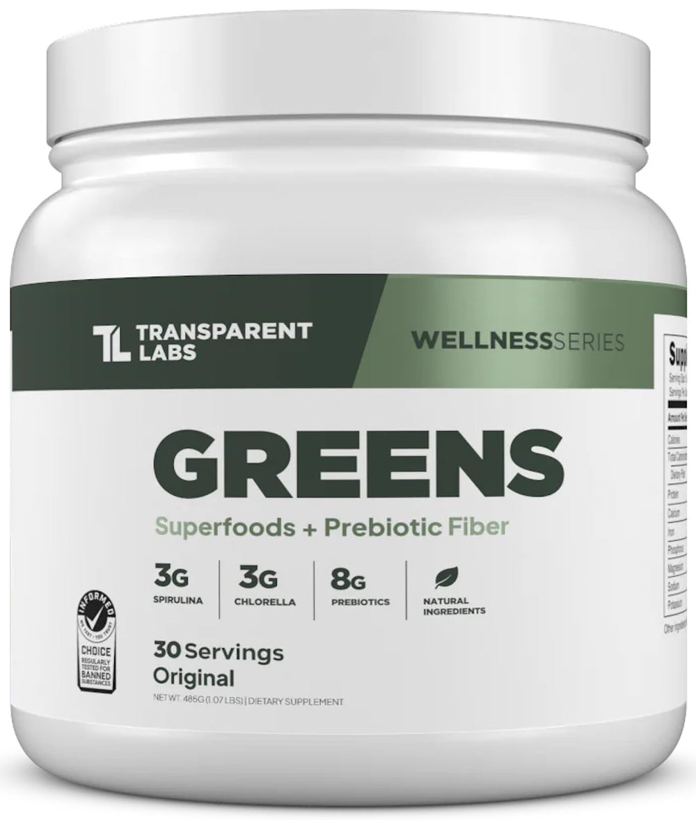 Transparent Labs Prebiotic Greens bottle showing a digestive-friendly formula for daily wellness.