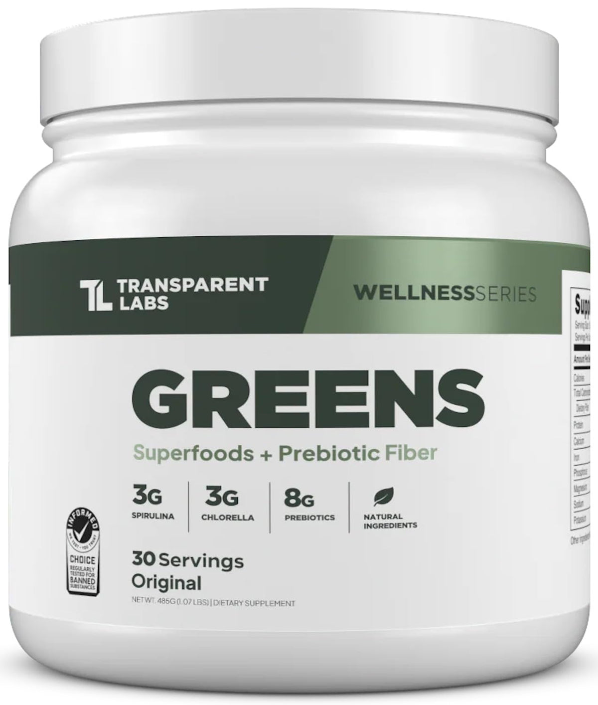 Transparent Labs Prebiotic Greens bottle showing a digestive-friendly formula for daily wellness.