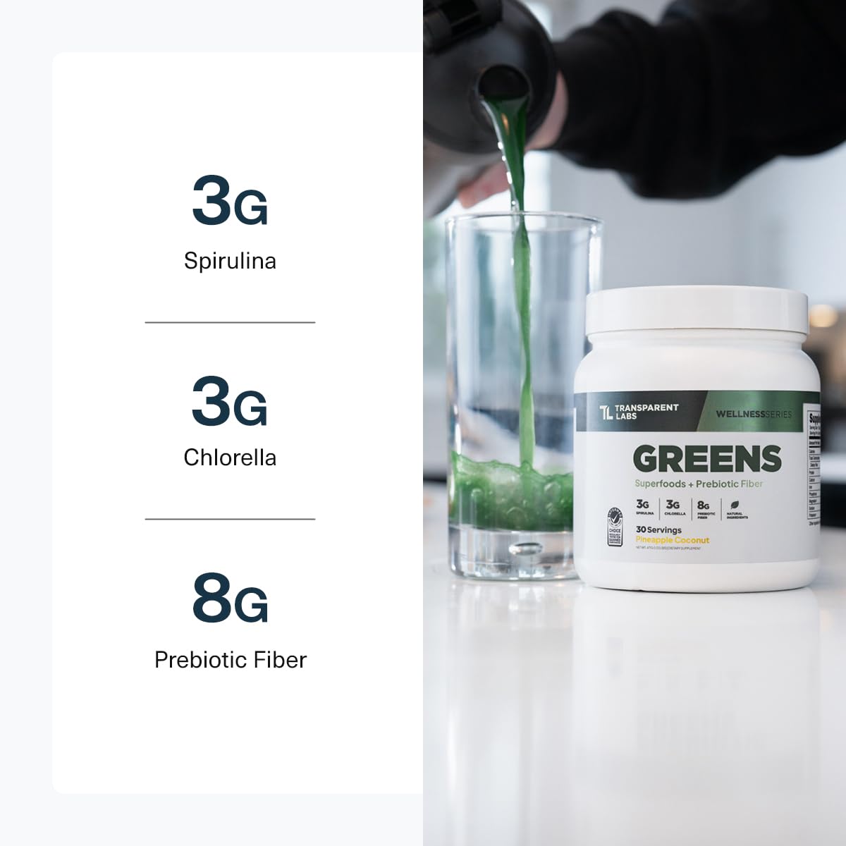 Transparent Labs Prebiotic Greens glass with mixed beverage demonstrates easy daily use.