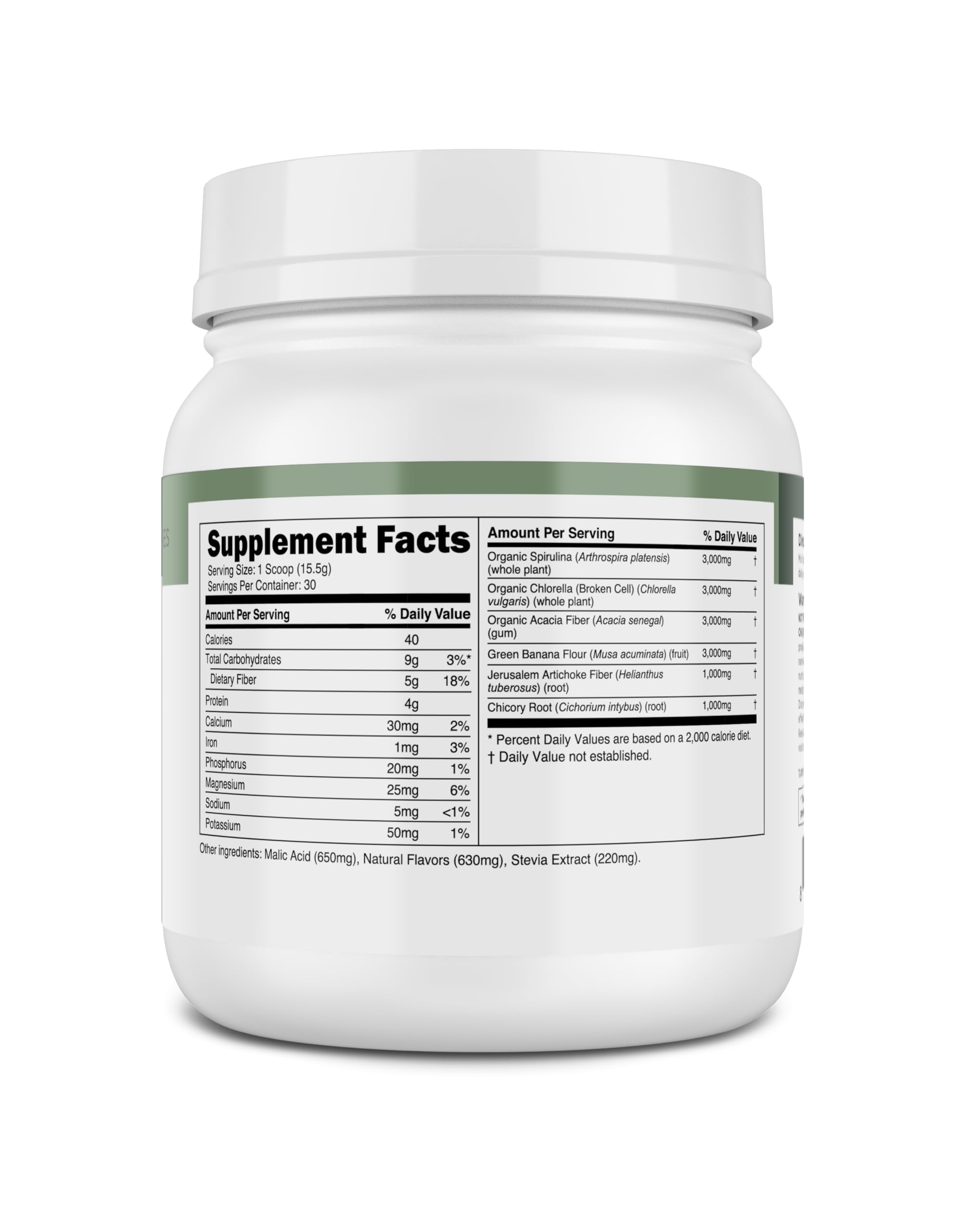Transparent Labs Prebiotic Greens jar with open lid and scoop