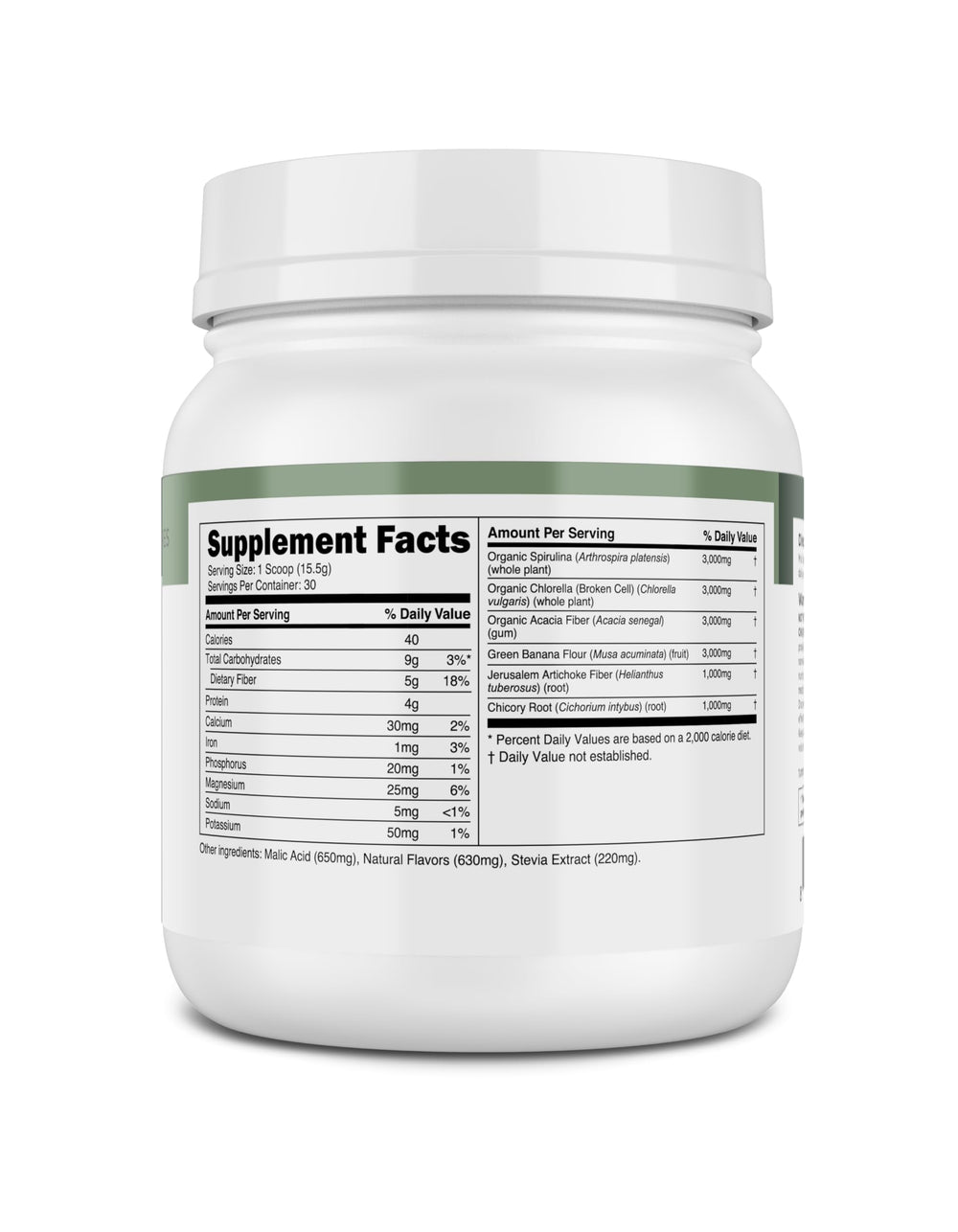 Transparent Labs Prebiotic Greens jar with open lid and scoop